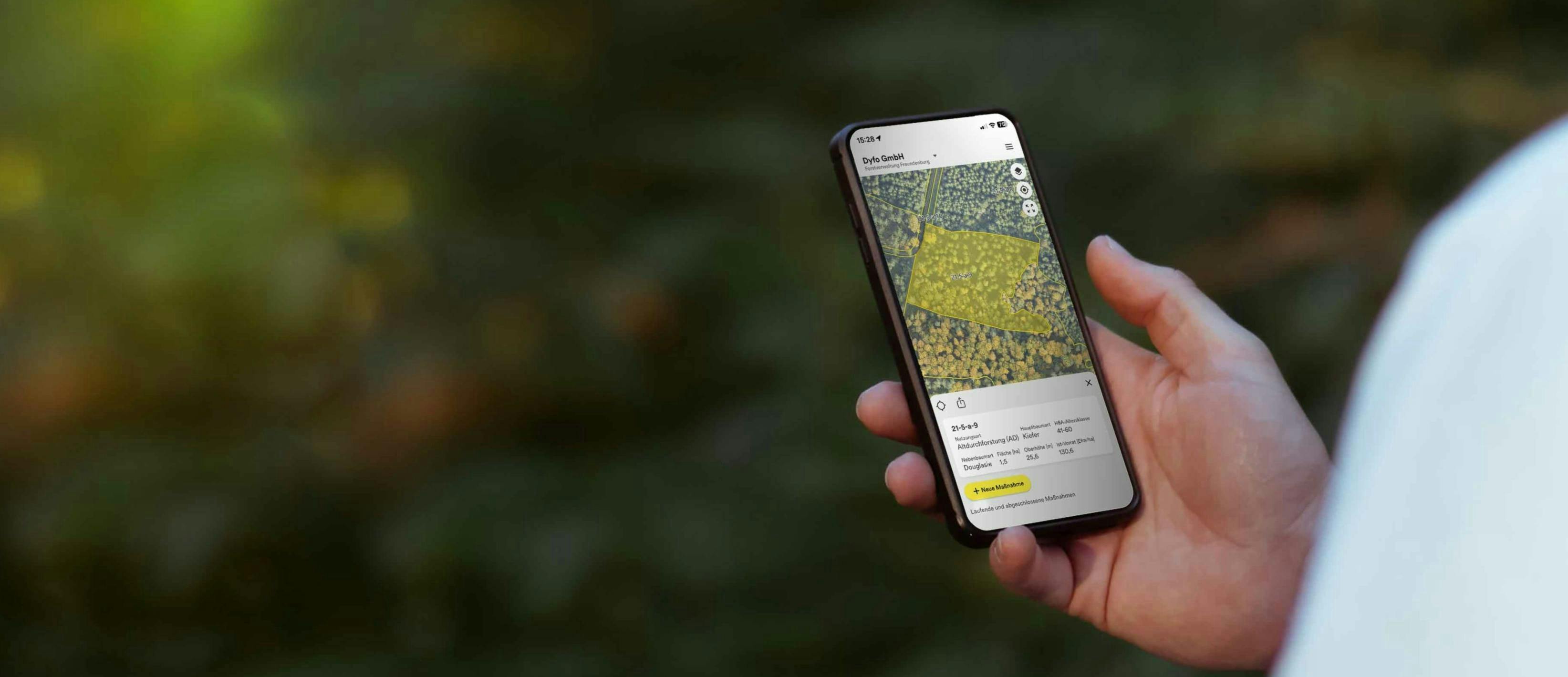 A person holding a mobile phone that displays the Dynamic Forest App