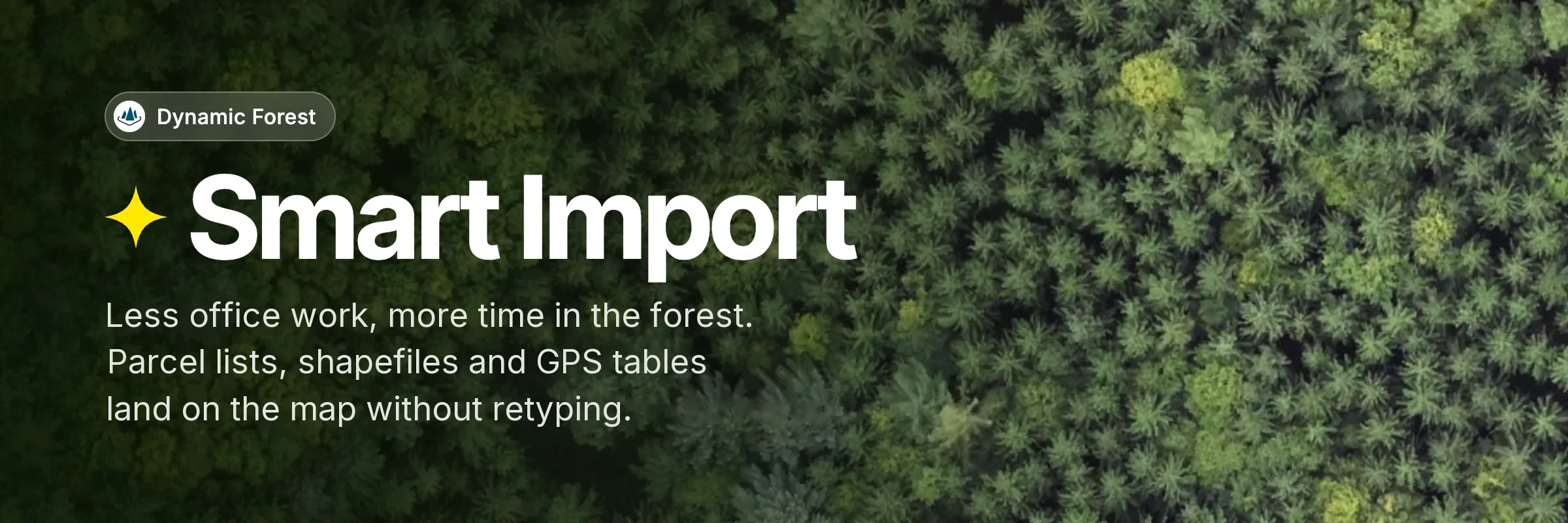 Aerial view of a forest with Smart Import in Dynamic Forest and the line: Less office work, more time in the forest. Parcel lists, shapefiles and GPS tables land on the map without retyping.